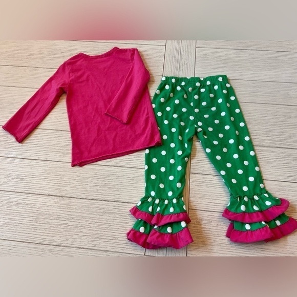 Pink, green, white polka dot 2 piece set. Size M toddlers. Cotton, spandex. - Picture 8 of 9